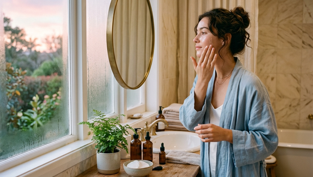 Woman in blue robe applying skincare cream in a bathroom