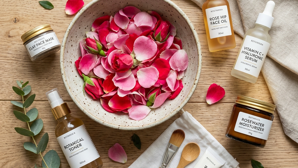 Skincare products and fresh rose petals arranged on wooden surface