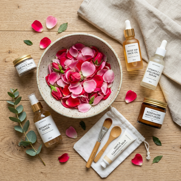 Skincare products and fresh rose petals arranged on wooden surface