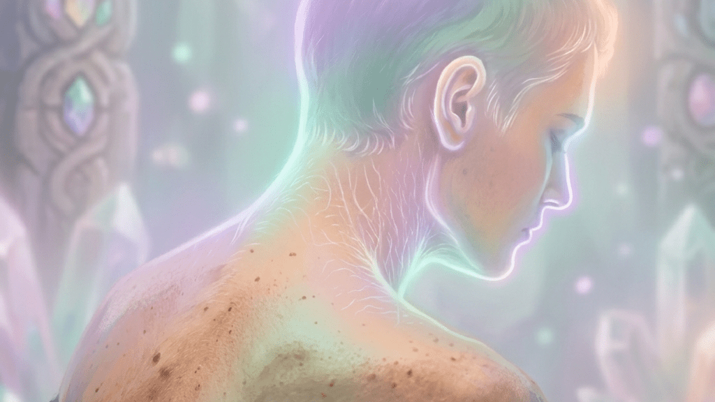 Person with glowing skin and visible light veins in a crystal-filled mystical background