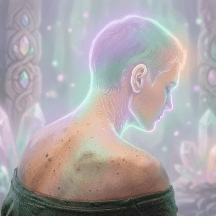 Person with glowing skin and visible light veins in a crystal-filled mystical background