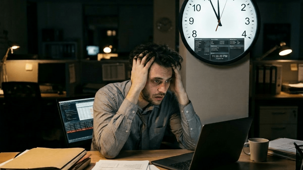 Man stressed at desk with deadline countdown clock showing 5 minutes 42 seconds remaining