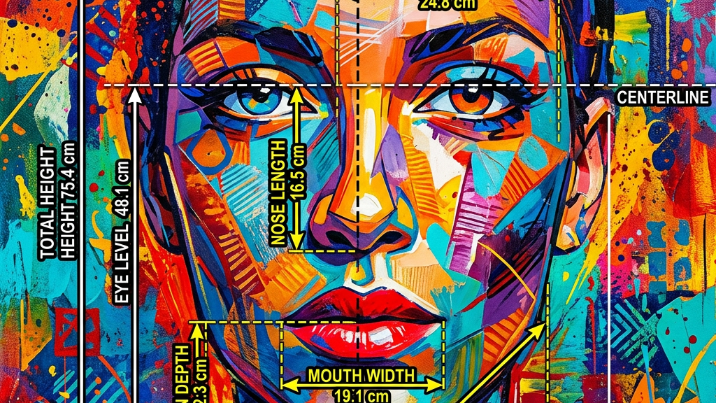 Abstract colorful female face with labeled measurements of facial features