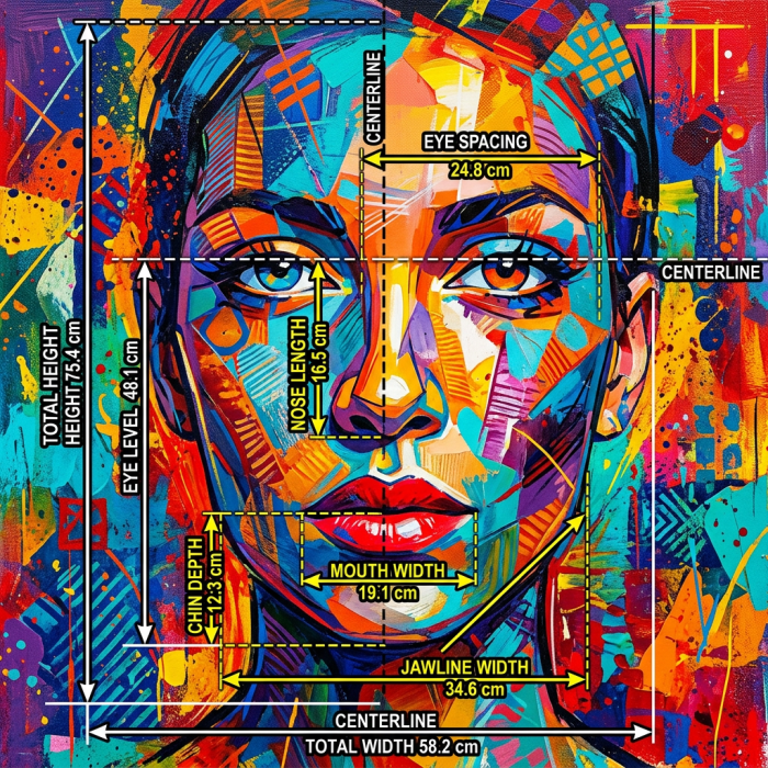 Abstract colorful female face with labeled measurements of facial features