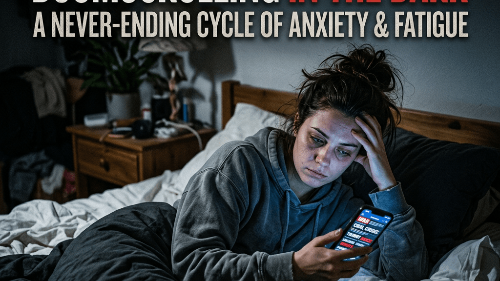 Tired young woman lying in bed holding phone with distressing news headlines